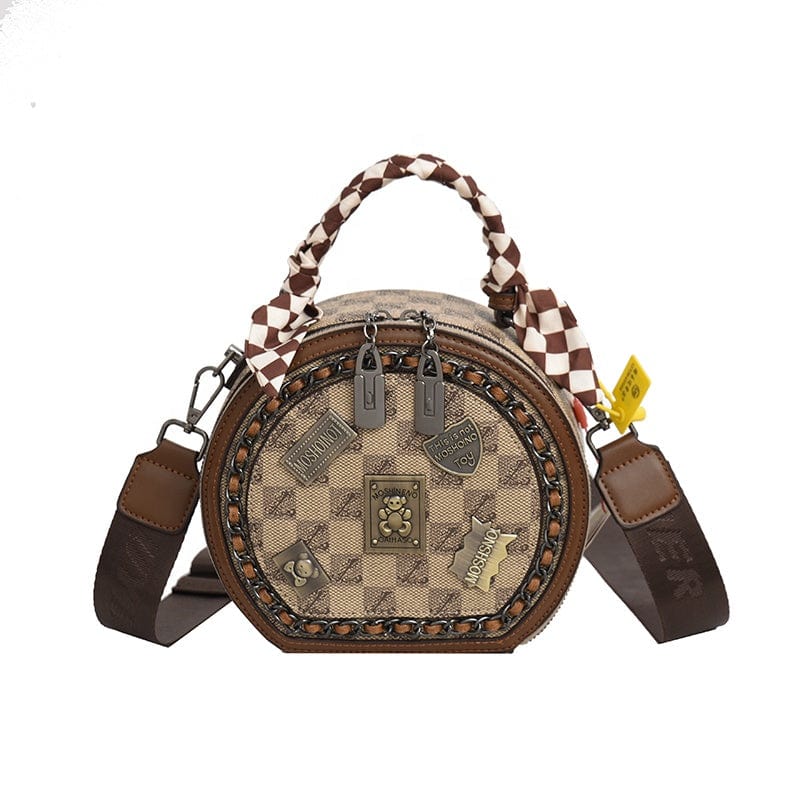  Fashion Retro Bear Badge Print Real Leather Purse Handbags,  Round Shoulder Bag Cross Body For Women (Khaki,One Size) : Clothing, Shoes  & Jewelry