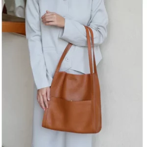 Solid color simple genuine leather shoulder bag