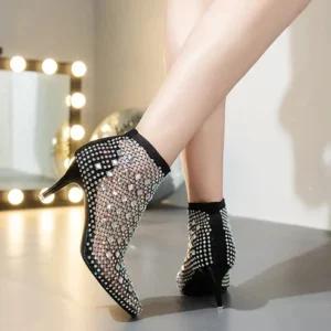 Mesh Rhinestone Glitter Point Toe High Heels