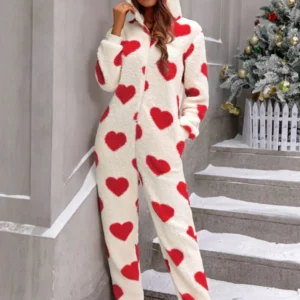 Plush Heart Zip Hooded Jumpsuits
