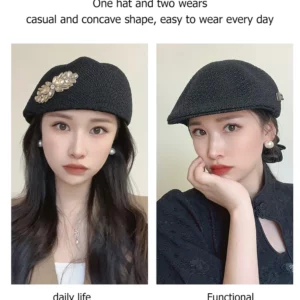 Thin Crochet Japanese Style Versatile Rhinestone Beret