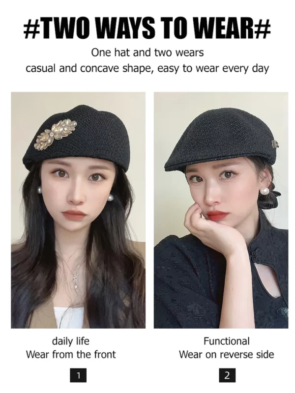 Thin Crochet Japanese Style Versatile Rhinestone Beret