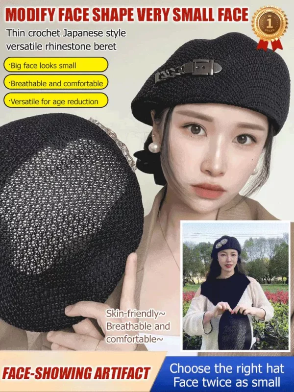 Thin Crochet Japanese Style Versatile Rhinestone Beret