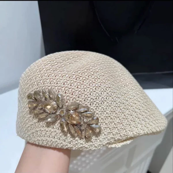 Thin Crochet Japanese Style Versatile Rhinestone Beret