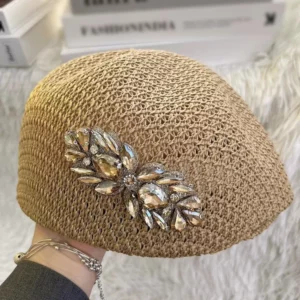 Thin Crochet Japanese Style Versatile Rhinestone Beret